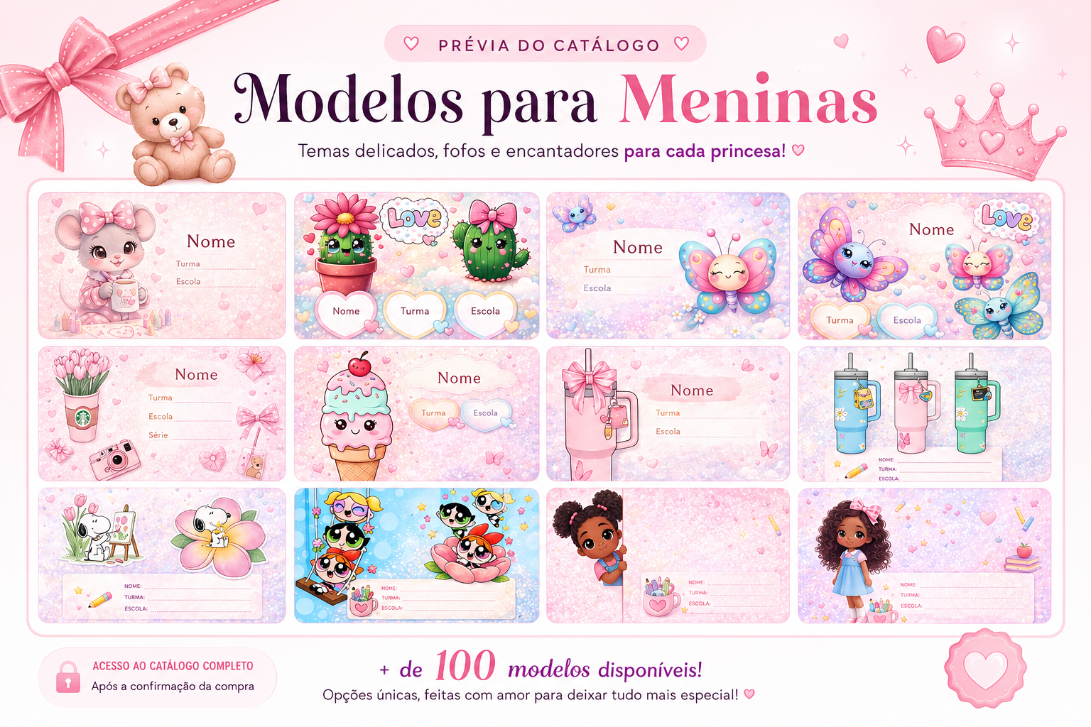 Prévia dos modelos de adesivos escolares para meninas