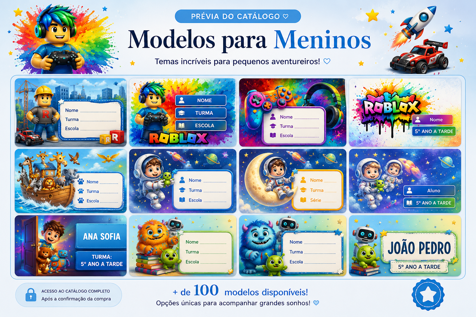 Prévia dos modelos de adesivos escolares para meninos