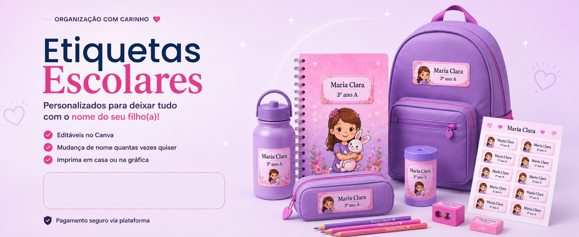 Adesivos escolares personalizados aplicados em materiais escolares